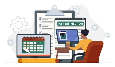 Task distribution concept. Woman with computer and calendar setting deadlines Illustrazione stock