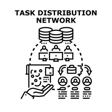 Task distribution network concept assigning work among team 스톡 일러스트
