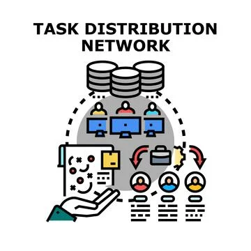 Task distribution network concept assigning work among team Stock Illustration
