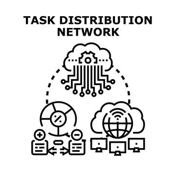 Task distribution network managing data and workflow Stock Illustration
