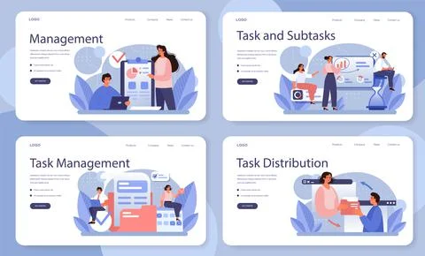 Task distribution web banner or landing page set. Interaction of departments Stock Illustration