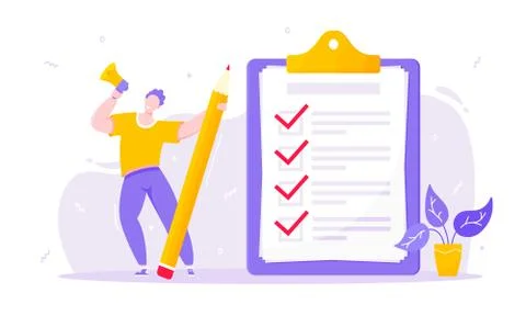 Task done busines concept with tiny person with megaphone and pencil nearby Stock Illustration
