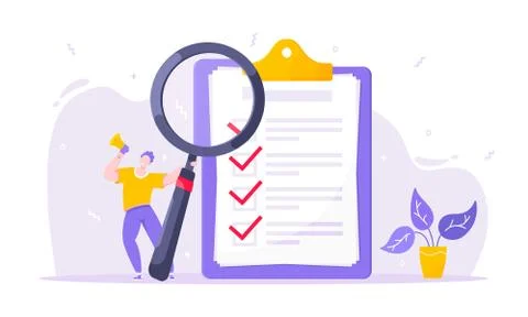 Task done business concept tiny person with megaphone, magnifying glass nearby Stock Illustration