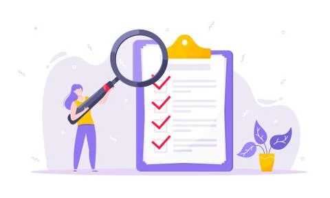 Task done business concept tiny person with magnifying glass nearby giant Stock Illustration