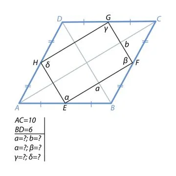 The task of finding a quadrilateral sides and angles in a rhombus Stock Illustration