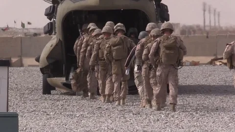 Task Force Marauder soldiers boarding CH-47 Chinook for Afghanistan Stock Footage 86798936