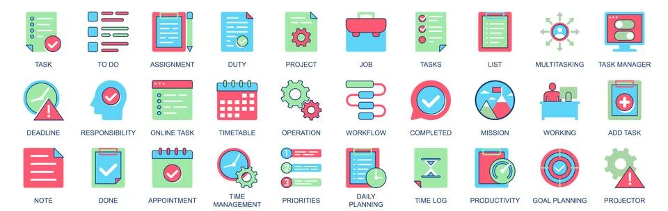 Task icon set in flat color icons web design. Pack pictograms with to do, ass 库存插图