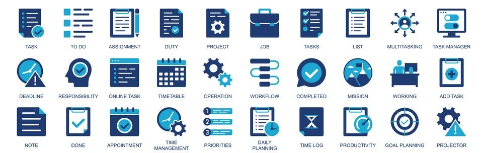 Task icon set in flat duotone solid icons web design. Pack pictograms with to Stock Illustration