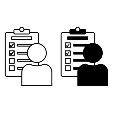 Task Icons. Black and White Vector Icons. Employee and Task List with Check.. Stock Illustration