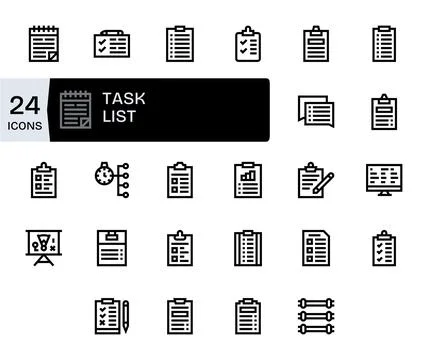 Task List Vector Icon Collection featuring 24 Pixel Aligned 64x64 Bold Line.. Stock Illustration