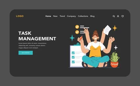 Task management dark or night mode web, landing. Businesswoman Stock Illustration