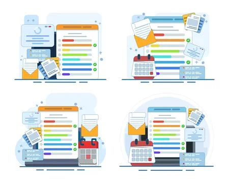 Task management dashboard set featuring laptop screens Stock Illustration