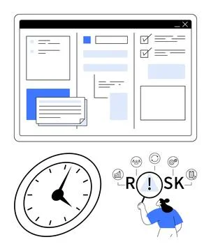 Task management interface, clock symbolizing time tracking, and individual an Stock Illustration