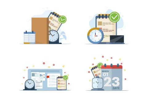 Task management tool illustration set featuring to-do lists, deadlines. 스톡 일러스트