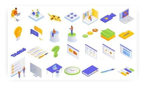Task management, vector isometric icon set. Effective workflow, checklist 스톡 일러스트