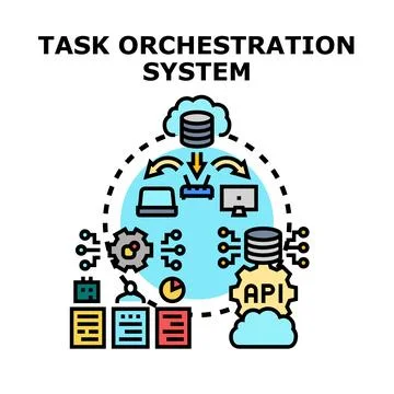 Task orchestration system managing cloud computing process and data flow Stock Illustration