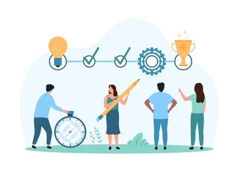 Task organization with timeline chart, tiny people with pencil and timer mark Stock Illustration