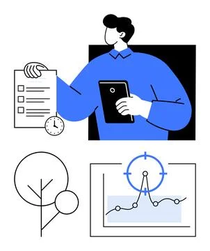 Task prioritization, project management, data analysis, goal tracking, time o Stock Illustration
