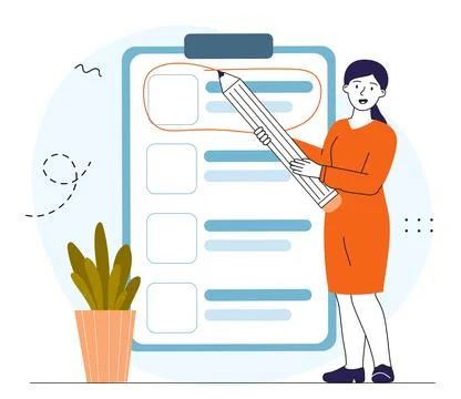 Task priority concept. Woman with large pencil near clipboard with goals and 스톡 일러스트