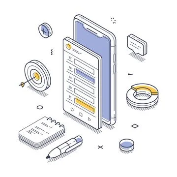 Task schedule planning time management mobile app concept isometric line vect Stock Illustration