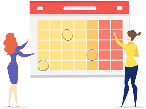 Task scheduling, process organization concept. Women create work schedule Stock Illustration