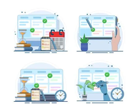 Task scheduling set featuring calendar planning, checklists Stock Illustration