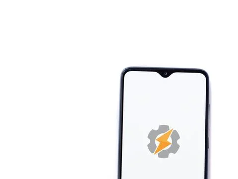 Tasker app launch screen on smartphone on white background Stock Photos