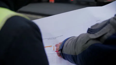 Taskmaster shows plan to employee at roadworks closeup Stock Footage 234174704
