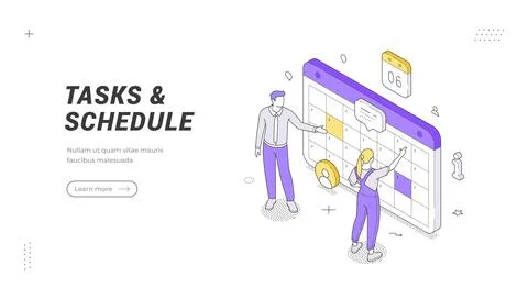 Tasks and Schedule banner template. Isometric vector illustration of a team o Stock-Illustration