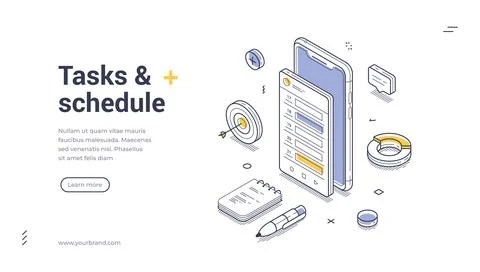 Tasks schedule time management planning isometric web banner design template  Illustration