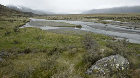 Tasman River and spring vegetation at the Mount Cook Valley, New Zealand Stock Footage 104875667