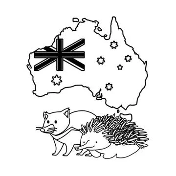 Tasmanian devil and echidna with map of australia in the background Stock Illustration