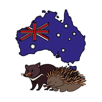 Tasmanian devil and echidna with map of australia in the background Stock Illustration