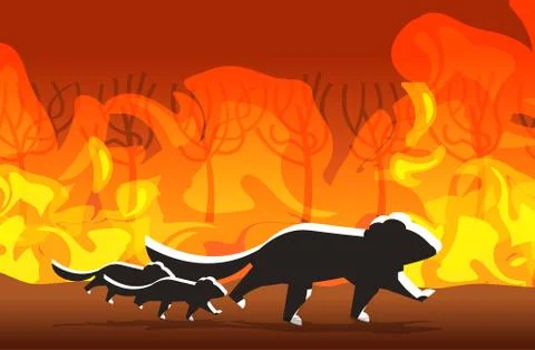 Tasmanian devils silhouettes running from forest fires in australia animals d Illustrazione stock