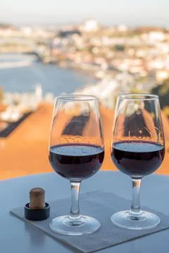 Tasting of different fortified dessert ruby, tawny port wines in glasses with Stock Photos