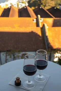 Tasting of different fortified dessert ruby, tawny port wines in glasses with Stock Photos