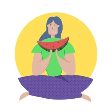 Tasting watermelon flat vector illustration. Girl, holidaymaker sitting in lotus Stock Illustration