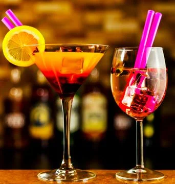 Tasty and colorful drinks based on various alcohols, syrups and liqueurs Stock Photos