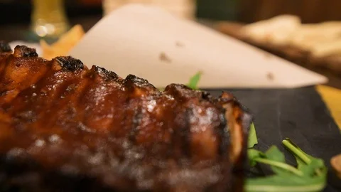 Tasty and juicy Pork ribs, slide Stock Footage