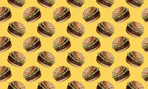 Tasty big burger seamless pattern design watercolor hand drawn 스톡 일러스트
