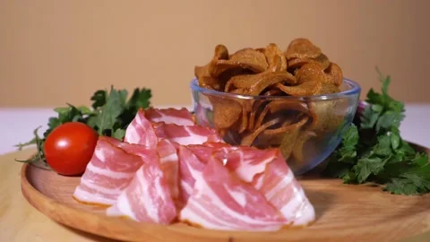 Tasty bread crackers, bacon, cherry tomatoes, garlic and parsley Stock Footage 124375168