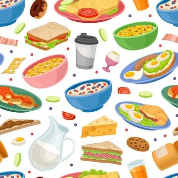Tasty Breakfast Food Seamless Pattern Design with Sandwich, Porridge and Stock Illustration