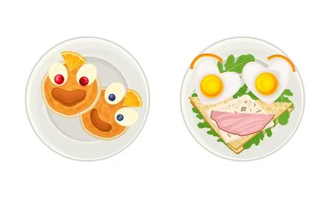 Tasty breakfast for kids served on plates set. Top view of funny pancakes and Stock Illustration