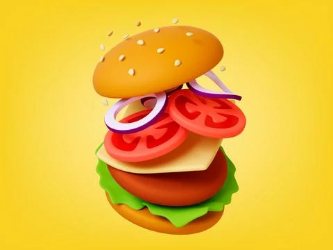 Tasty burger 3d concept. Render fast food sandwich. Bun with seeds, tomato Stock Illustration