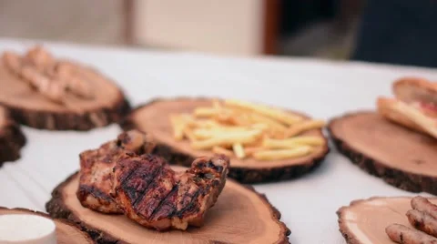 Tasty cheeseburger with fried potatoes and many kinds of meat, close up Stock Footage 59086270