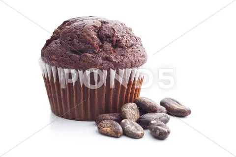 The tasty chocolate muffin and cocoa beans. Stock Photos