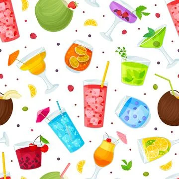 Tasty Cocktail Drink Seamless Pattern Design Vector Template Stock Illustration