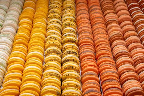 Tasty colourful rows of macaroons Stock Photos