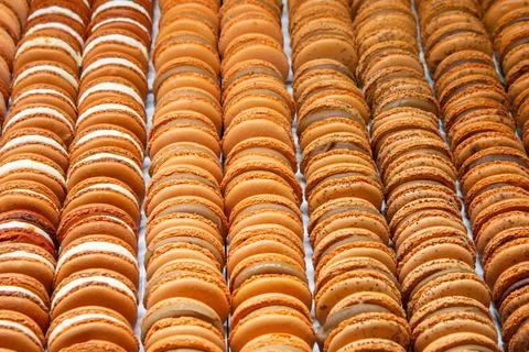 Tasty colourful rows of macaroons Stock Photos