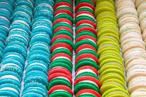 Tasty colourful rows of macaroons Stock Photos